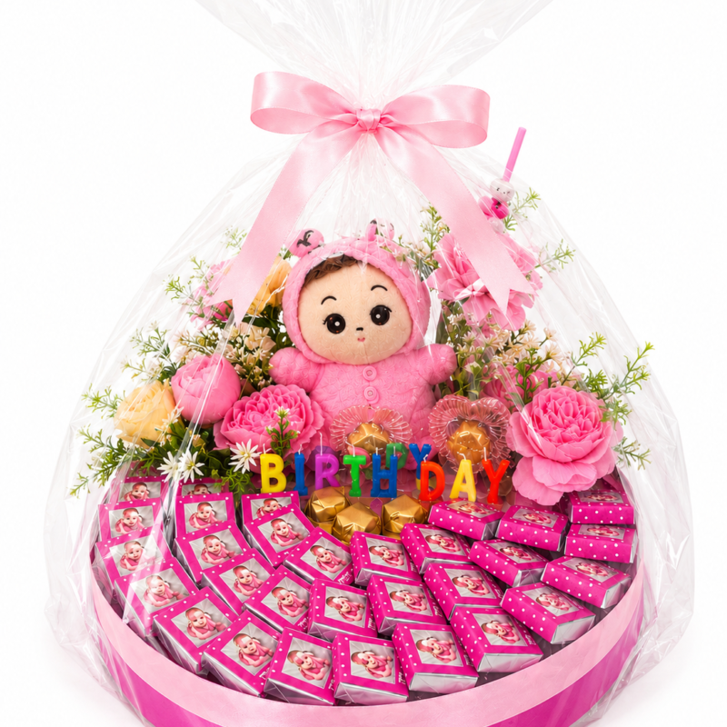 Baby Girl Gift Tray with chocolates, flowers and a cuddly toy