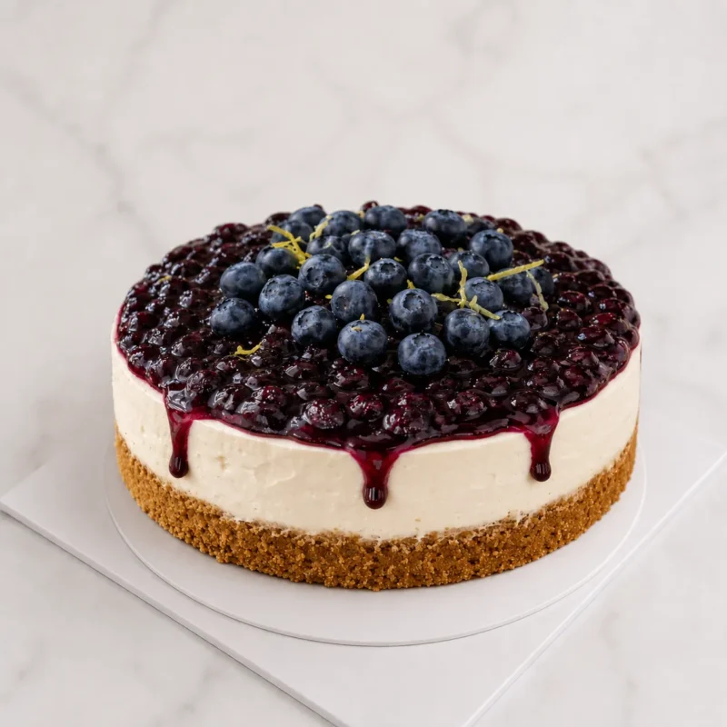Blueberry Cheesecake with blueberry compote on a biscuit base