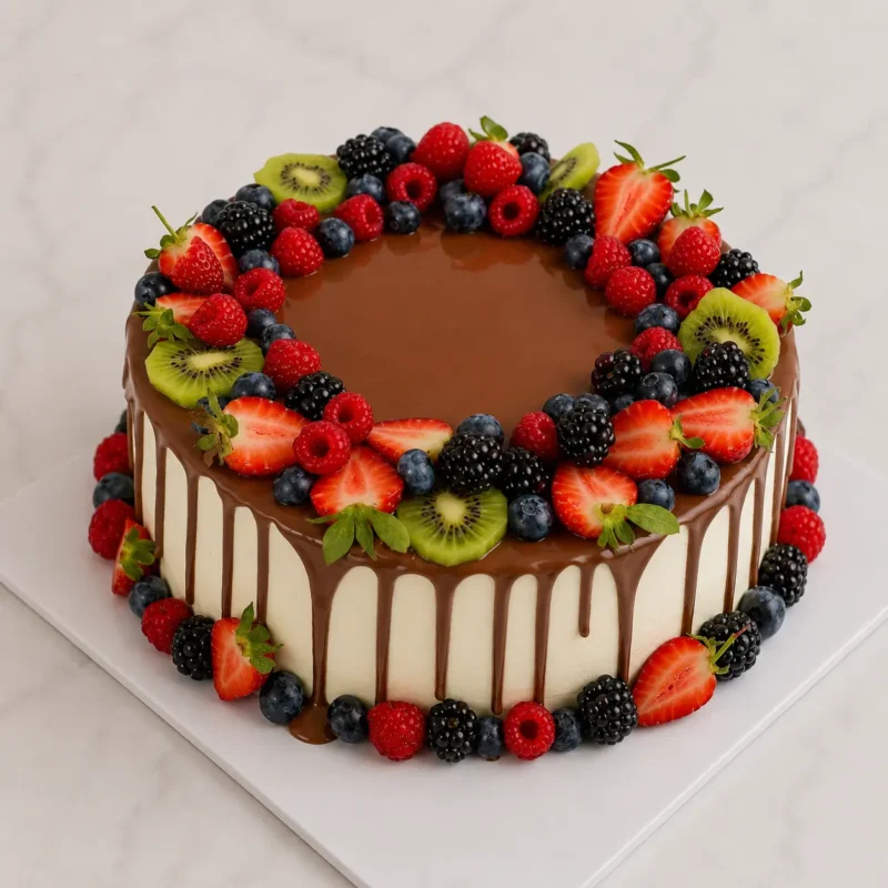 Fruits Cake with chocolate drip and fresh strawberries blueberries and kiwi.