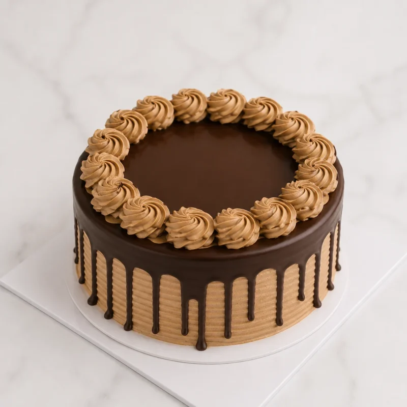 Chocolate Cake with ganache drip and cream swirls
