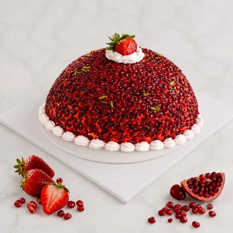 Pomegranate Cake dome with fresh cream and strawberries