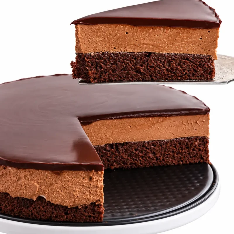 Chocolate Mousse Cake with glossy chocolate glaze.