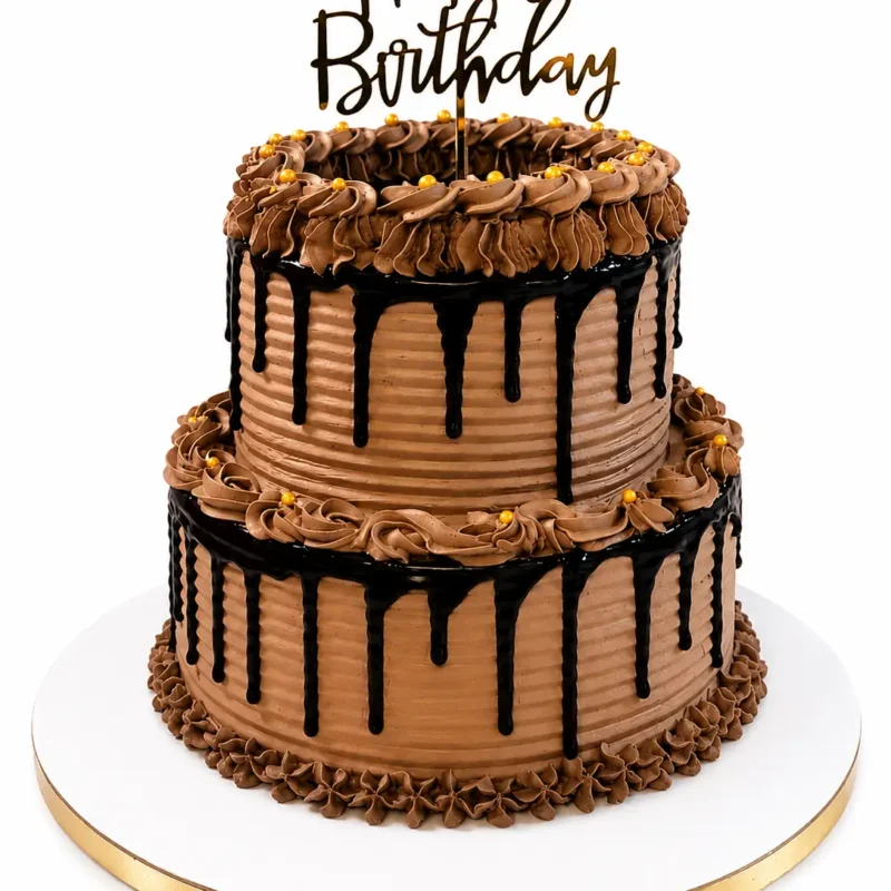 Chocolate 2 Tier Cake with chocolate drip and piped rosettes
